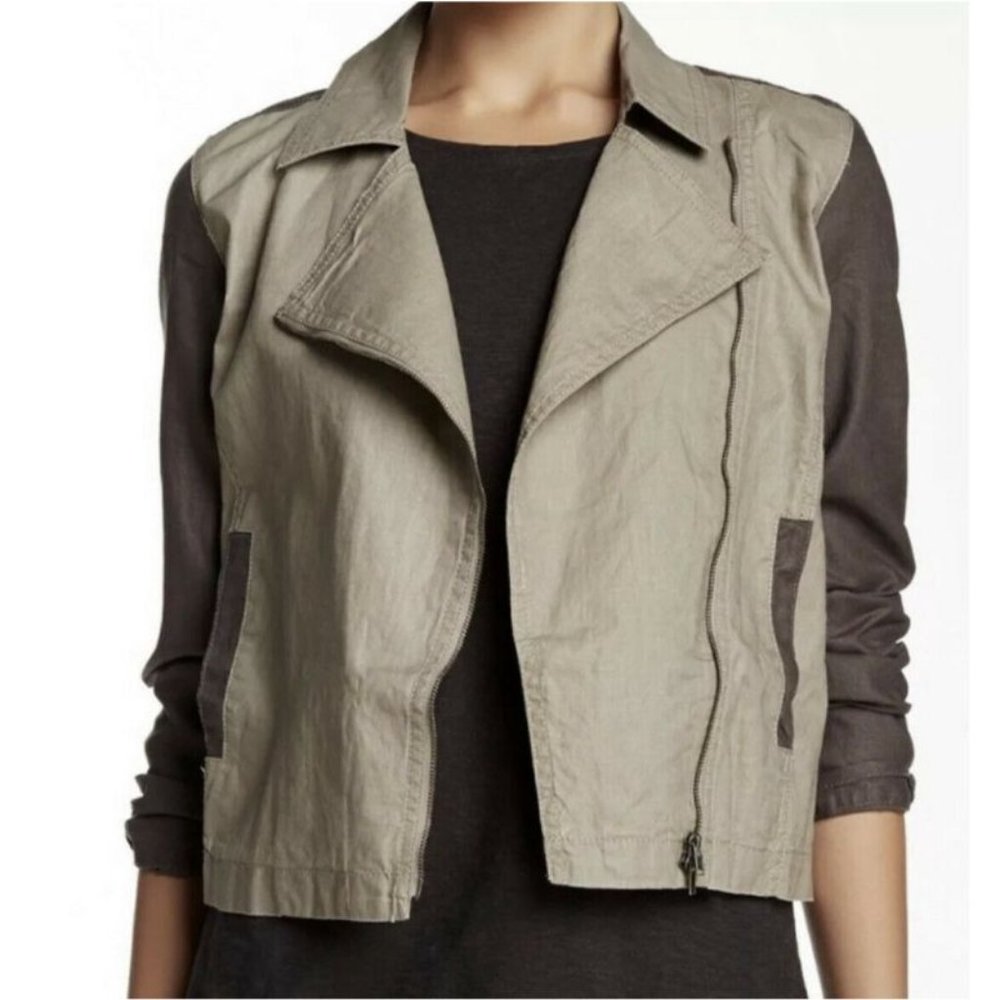 Eileen Fisher Women's PM Organic linen full zip lightweight jacket two tone